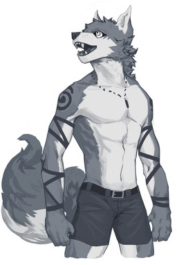 5_fingers anthro arm_markings athletic athletic_male belt_buckle biped bottomwear buckle clothed clothed_anthro clothed_male clothing countershade_arms countershade_face countershade_legs countershade_neck countershade_tail countershade_torso countershading fangs fingers fluffy fluffy_tail front_view fur grey_background grey_body grey_eyes grey_fur grey_inner_ear grey_inner_ear_fluff grey_markings grey_tongue head_turned inner_ear_fluff jewelry looking_up male markings multicolored_body multicolored_fur necklace open_mouth pupils ringed_iris shorts shorts_only simple_background snout solo tail teeth tongue tongue_showing topless topless_anthro topless_male tuft two_tone_body two_tone_fur whisker_spots white_body white_fur white_sclera kuromonsart canid mammal 2023 absurd_res digital_drawing_(artwork) digital_media_(artwork) hi_res monochrome portrait three-quarter_portrait