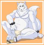 anthro asian_clothing barefoot beads biceps big_muscles biped claws clothing east_asian_clothing feet footwear fundoshi fur japanese_clothing kemono male muscular muscular_anthro muscular_male sandals scar shoes simple_background sitting slightly_chubby solo underwear white_body white_fur thegreatmatsutzu gingitsune gintaro canid canine fox mammal