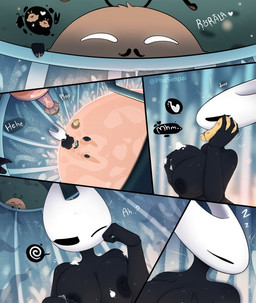 anthro bathing breasts duo falling_asleep female male nipples sleeping text voyeur wet wet_body phosenpai hollow_knight:_silksong hollow_knight_(franchise) team_cherry hornet_(hollow_knight) kratt_(hollow_knight:_silksong) arthropod flea insect comic english_text