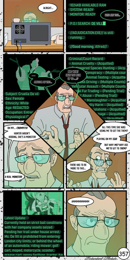 computer dialogue elderly_male electronics female flashback green_eyes green_text light_body light_skin male speech_bubble text redundantmodule 101_dalmatian_street 101_dalmatians disney alfred_bright cruella_de_vil human mammal absurd_res comic english_text hi_res