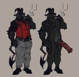 animal_genitalia animal_penis anthro balls big_penis cigarette clothed clothing ear_piercing equine_genitalia equine_penis erection fur genitals hair hooves horn huge_penis looking_at_viewer male muscular muscular_anthro muscular_male nipples nude penis piercing smoking solo tail teeth amiyourhiro asketill bovid caprine demon goat hybrid mammal digital_media_(artwork) hi_res model_sheet
