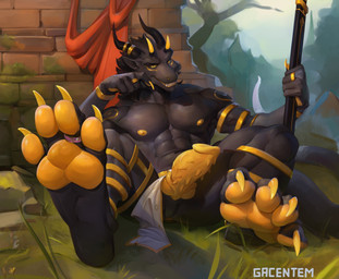 4_toes abs anthro bottomwear claws clothing digit_ring erection fangs feet fur horn jewelry knot loincloth looking_at_viewer male muscular muscular_anthro muscular_male nipples pecs ring sitting solo teeth toe_claws toe_ring toes ratcatcher hi_res portrait
