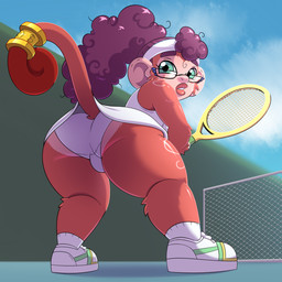 anthro big_butt butt clothed clothing detailed_background eyewear female fur glasses looking_back low-angle_view outside panties solo sportswear tennis_court tennis_racket underwear hyoumaru mac_(caramel-kitteh) haplorhine mammal monkey primate 1:1 hi_res