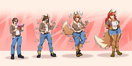 anthro barefoot beard belt big_breasts book bottomwear breast_expansion breast_growth breasts brown_hair clothing expansion facial_hair feet female footwear gender_transformation growth hair holding_book holding_object human_to_anthro jacket male mtf_transformation pants red_hair shirt shoes shorts simple_background solo species_transformation surprised tail topwear transformation dimitriahn canid canine fox human mammal 2025 2:1 absurd_res digital_media_(artwork) hi_res sequence