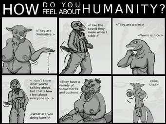 anthro areola big_breasts biped breasts clothed clothing commentary dialogue female female_anthro flirting gesture group huge_breasts humor interview male male_anthro nipples nude slightly_chubby subversion suggestive suggestive_gesture tail text topless wide_hips xenophilia masstreble avian bovid canid canine canis caprine domestic_cat domestic_dog domestic_sheep felid feline felis mammal reptile scalie sheep 4:3 digital_drawing_(artwork) digital_media_(artwork) english_text monochrome