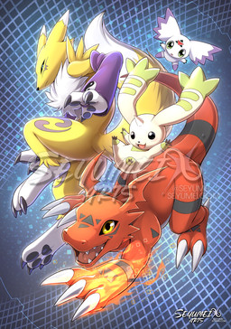 ambiguous_gender anthro biped butt claws fingers fur group horn nude nude_ambiguous nude_anthro smile tail teeth tongue seyumei bandai_namco digimon calumon canid digimon_(species) guilmon mammal renamon terriermon 2025 digital_drawing_(artwork) digital_media_(artwork)