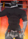 abs absurd_res anthro armor black_body bodily_fluids clothed clothing demon facial_hair furcas_(kings_of_hell) gauntlets gloves handwear hi_res horn kings_of_hell knight landix_artwork male melee_weapon muscular muscular_anthro muscular_male mustache nipples pecs skimpy solo sweat sword topknot unconvincing_armor warrior weapon