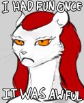 anthro female frown grumpy hair long_hair orange_eyes red_hair solo text whiskers test_pattern_(artist) shadran mammal mustelid musteline talyxian true_musteline weasel bust_portrait digital_media_(artwork) english_text meme portrait reaction_image