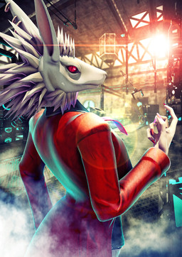 anthro clothing colored_nails ear_piercing ear_ring formal_wear fur inside jacket lens_flare light light_beam long_ears long_nails looking_at_viewer looking_back looking_back_at_viewer male mohawk nails necktie piercing pupils red_clothing red_eyes red_jacket red_nails red_necktie red_topwear ring_piercing slit_pupils solo spiky_fur sunbeam sunlight topwear white_body white_fur deino_(artist) deino_(modeler) bani-sama_(deino) lagomorph leporid mammal rabbit 2015 3d_(artwork) autodesk_3ds_max_(artwork) digital_media_(artwork) hi_res