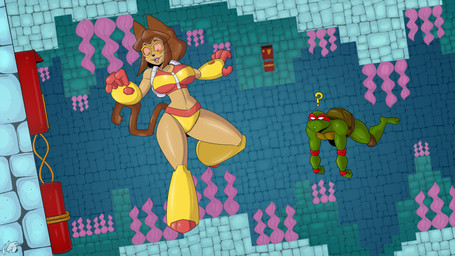 anthro armor brown_body brown_fur brown_hair brown_tail clothing female female_anthro fur gauntlets gauntlets_(weapon) gloves goggles_on_face green_body hair handwear seaweed shaded_background stone_wall swimwear tail underwater video_game_reference wall_(structure) water stogiegoatarts gameoverse glitch_productions teenage_mutant_ninja_turtles kit_bodega raphael_(tmnt) domestic_cat felid feline felis mammal reptile scalie turtle 16:9 2026 digital_drawing_(artwork) digital_media_(artwork) hi_res widescreen