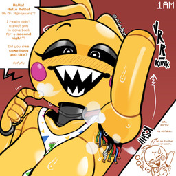 armpit_fetish beakless bib black_eyebrows black_sclera blonde_hair blush blush_stickers bodily_fluids breasts embarrassed eyebrows eyelashes female greeting hair hand_behind_head head_tuft machine musk open_mouth open_smile pupils rosy_cheeks sharp_teeth short_hair smile solo sweat sweatdrop teeth teeth_showing text tuft white_eyes white_pupils wire yellow_body tdtbaa five_nights_at_freddy's five_nights_at_freddy's_2 scottgames toy_chica_(fnaf) animatronic avian bird chicken galliform phasianid robot 1:1 absurd_res artist_name english_text hi_res watermark