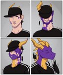 anthro base_two_layout body_part_growth border clothed clothing eyelashes eyes_closed four_frame_grid four_frame_image four_frame_sequence fully_clothed grid_layout growth headgear headwear horn horn_growth human_to_anthro male mid_transformation purple_body purple_scales regular_grid_layout scale_growth scales snout snout_growth solo species_transformation tf_into_fictional_character torn_clothing torn_headwear transformation transformation_sequence two_row_layout white_border rileyomalley activision mythology spyro_the_dragon spyro dragon human mammal mythological_creature mythological_scalie scalie 2019 comic hi_res sequence