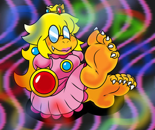 5_toes abstract_background alternative_fashion anthro barefoot blonde_hair blush body_blush claws clothed clothing cosplay crossdressing crossed_ankles crown dress eyewear feet foot_blush foot_fetish foot_focus glasses hair headgear hime_lolita humanoid_feet j-fashion lipstick lolita_(fashion) looking_at_viewer makeup male orange_body pink_clothing pink_dress plantigrade soles toe_claws toes wand g3aaltthing mario_bros nintendo kamek princess_peach koopa magikoopa scalie absurd_res hi_res
