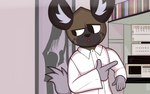 anthro check_em clothing coat furniture gesture hand_gesture male movie_reference pointing raincoat raised_tail shelf solo tail topwear blackmore aggretsuko american_psycho sanrio haida_(aggretsuko) patrick_bateman hyena mammal spotted_hyena 16:10 absurd_res hi_res meme widescreen