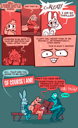 anthro bodily_fluids crazy_eyes dialogue female forced_smile male maniacal_laughing shaking simple_background speech_bubble sweat sweatdrop text worried vanilla_candy unicorn_blood_(comic) bean_(vanilla_candy) briar_(vanilla_candy) tulip_(unicorn_blood) arthropod hybrid insect lagomorph lepidopteran mammal moth reptile scalie snake absurd_res comic english_text hi_res restricted_palette