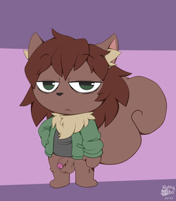anthro balls bottomless chibi clothed clothing flaccid fur genitals hair humanoid_genitalia humanoid_penis male penis simple_background solo tail tired topwear young young_anthro nutty_bo mammal rodent sciurid tree_squirrel hi_res adult_(lore)