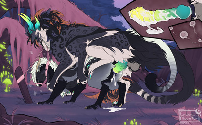 black_body black_fur blue_horn bodily_fluids claws crotch_breasts cum cum_in_uterus cum_in_vagina cum_inside duo female feral fur genital_fluids genitals grass green_horn green_knot green_penis grey_body grey_fur horn impregnation internal internal_vaginal knot male male/female mane ovum penetration penis plant purple_grass sperm_cell teats teeth uterus vaginal vaginal_penetration white_body white_claws white_fur white_mane endermoonfur mythology dragon felkin furred_dragon furred_scalie mythological_creature mythological_scalie scalie hi_res