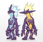 3_fingers 3_toes ambiguous_gender anthro blue_body blue_countershading blue_markings countershading duo featureless_crotch feet fingers half-closed_eyes horn looking_at_viewer markings multicolored_body narrowed_eyes pseudo_hair purple_body simple_background spikes spikes_(anatomy) standing toes tongue tongue_out two_tone_body white_background yellow_body yellow_countershading yellow_markings rotarr nintendo pokemon generation_8_pokemon pokemon_(species) toxtricity 2022 shaded signature watermark