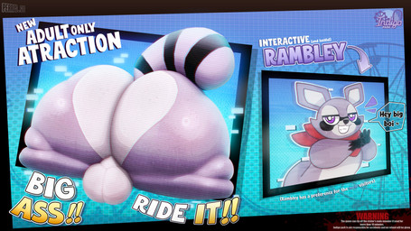 advertisement anthro arrow_sign balls bedroom_eyes big_butt black_body black_fur black_nose black_tail butt exclamation_point fur genitals gesture half-closed_eyes hand_gesture kerchief looking_at_viewer male male_anthro multicolored_body multicolored_fur narrowed_eyes neckerchief neckwear purple_body purple_ears purple_eyes purple_fur purple_tail raccoon_tail red_kerchief red_neckerchief screen seductive sex_gesture smile solo speech_bubble suggestive suggestive_gesture tail teeth text thick_thighs two_tone_tail warning_label wide_hips perros_god indigo_park rambley_raccoon mammal procyonid raccoon 16:9 2026 4k absurd_res artist_name digital_media_(artwork) english_text hi_res widescreen