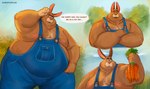 anthro belly big_belly brown_body carrot clothing dialogue food male mature_male obese obese_male outside overalls overweight overweight_male plant solo text vegetable shibadoodles lagomorph leporid mammal rabbit 2023 absurd_res english_text hi_res