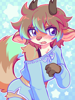 anthro blue_bottomwear blue_clothing blue_eyes blue_legwear blue_shorts blue_stockings blush bottomwear brown_body brown_fur brown_hair brown_horn clothed clothing embarrassed femboy fur hair horn legwear long_sleeve_shirt looking_away male off_shoulder open_mouth shorts solo stockings kingsillysmilez deer mammal 3:4 hi_res