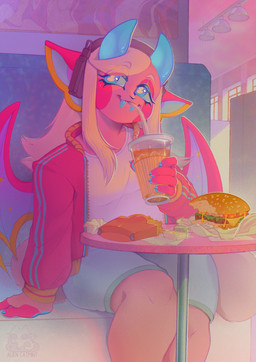 2_horns anthro bat_wings blue_bottomwear blue_claws blue_clothing blue_eyes blue_horn blue_shorts blue_teeth bottomwear burger claws clothed clothing container cup disposable_cup drinking drinking_straw electronics eyeshadow fangs female food fries furniture glistening glistening_horn hair headphones holding_container holding_cup holding_object horn inside jacket long_hair makeup membrane_(anatomy) membranous_wings on_sofa open_clothing open_jacket open_topwear pink_body pink_clothing pink_eyeshadow pink_hair pink_jacket pink_topwear sabertooth_(anatomy) shirt shorts sitting sitting_on_sofa smile sofa solo table teeth thick_thighs topwear white_clothing white_shirt white_topwear wings daydream_cahoot vasya_(daydream_cahoot) bat felid feline hybrid mammal digital_drawing_(artwork) digital_media_(artwork) hi_res pastel_theme watermark
