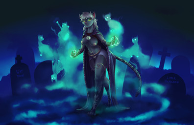 ambiguous_gender anthro bell breasts cape cemetery clothing detailed_background female feral fog glowing glowing_eyes group hair looking_at_viewer magic magic_user nipples outside smile solo_focus tail tombstone walking white_hair littlenapoleon watsup felid ghost mammal spirit 2016 digital_media_(artwork)