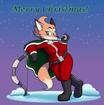 anthro bow_(weapon) candy candy_cane cape clothing costume dessert female food holiday_message holidays looking_at_viewer ranged_weapon santa_costume snow solo text weapon marcodile christmas rivals_of_aether fleet_(dungeons_of_aether) canid canine fox mammal absurd_res english_text hi_res