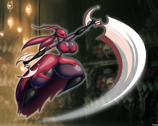 antennae_(anatomy) anthro armband audience big_breasts big_butt biped blade bladed_weapon breasts butt cleavage clothed clothing comically_small_waist curvesickle dress eyelashes eyes_closed featureless_crotch female group holding_object holding_weapon horn huge_breasts huge_butt huge_thighs hyper hyper_thighs jumping legband midair non-mammal_breasts open_skirt red_body red_clothing red_dress screencap screencap_background segmented_body small_waist solo_focus swinging_weapon thick_thighs thighband wasp_waist weapon 9-puzzle hollow_knight:_silksong hollow_knight_(franchise) team_cherry skarrsinger_karmelita ant arthropod hymenopteran insect skarr skarr_scout skarr_stalker spear_skarr 5:4 absurd_res hi_res