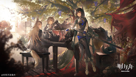 2_tails accessory black_body black_clothing black_fur black_hair black_jacket black_topwear blonde_hair blue_eyes boots braided_hair breasts chair clothing detailed_background female feral footwear fur furniture gloves grand_piano grey_hair group hair hair_accessory hairclip handwear holding_melee_weapon holding_object holding_sword holding_weapon humanoid_focus jacket keyboard_instrument leaf long_hair looking_at_viewer looking_back looking_back_at_viewer melee_weapon multi_tail musical_instrument on_chair on_piano outside piano plant plant_pot playing_music playing_piano potted_plant shoes sitting sitting_on_chair smile sword tail text topwear tree weapon whiskers window bansibuhuo_yu_pian arknights hypergryph studio_montagne lappland_(arknights) miss_christine_(arknights) texas_(arknights) vulpisfoglia_(arknights) animal_humanoid canid canid_humanoid domestic_cat felid feline felis humanoid mammal mammal_humanoid 2025 absurd_res digital_media_(artwork) english_text hi_res