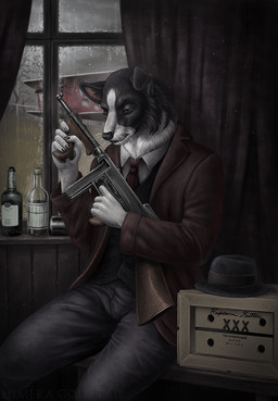 anthro black_body black_bottomwear black_clothing black_fur black_hat black_headwear black_nose black_pants black_topwear bottle bottomwear brown_clothing brown_eyes brown_topwear cheek_tuft clothed clothing container facial_tuft floppy_ears fur gun hat headgear headwear holding_gun holding_object holding_ranged_weapon holding_weapon inside male mouth_closed narrowed_eyes pants plant raining ranged_weapon sitting solo submachine_gun text thompson_gun topwear tree tuft weapon white_body white_fur window himeragoldtail canid canine canis collie domestic_dog herding_dog mammal pastoral_dog sheepdog 2020 artist_name detailed hi_res