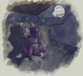 ambiguous_gender anthro clothed clothing diaper feces hiding soiled_diaper soiling solo tail tapering_tail text thick_tail unclean_diaper used_diaper wearing_diaper lowpass mythology kobold scalie english_text