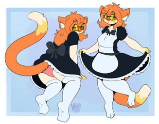 anthro apron black_clothing black_dress black_ribbon bow_tie butt clothed clothing clothing_lift dress dress_lift eyewear female glasses green_eyes legwear looking_up maid_uniform panties pink_clothing pink_panties pink_underwear rectangular_glasses simple_background solo stockings underwear uniform white_apron white_clothing white_legwear white_stockings yellow_sclera maynara cat_(maynara) vlue_(maynara) domestic_cat felid feline felis mammal 2022 absurd_res digital_media_(artwork) hi_res