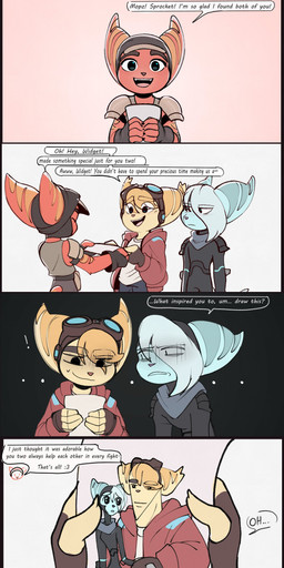 anthro blonde_hair blue_body blue_fur clothed clothed_female clothed_male clothing dialogue exclamation_point eyewear eyewear_on_head female fingerless_gloves fur gloves goggles goggles_on_head group hair hair_over_eye handwear male open_mouth red_body red_fur shirt tail tank_top text topwear trio time_fluffy500 ratchet_and_clank sony_corporation sony_interactive_entertainment mopz_(ratchet_and_clank) sprocket_(ratchet_and_clank) widget_(ratchet_and_clank) lombax mammal absurd_res comic english_text hi_res