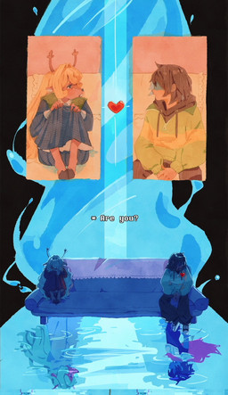 anthro blonde_hair brown_body brown_fur brown_hair duo female fur furniture hair male sitting sofa text jazlyn_jin deltarune undertale_(series) kris_dreemurr noelle_holiday deer human mammal new_world_deer reindeer 2025 hi_res