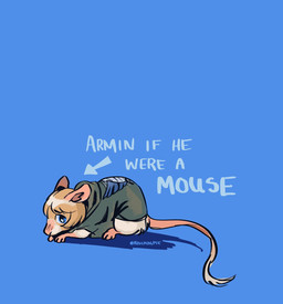 ambiguous_gender blue_background blue_eyes cloak cloak_only clothing feral feral_with_hair feralized fur green_cloak green_clothing hair long_tail quadruped simple_background solo tail text yellow_body yellow_fur azulmagpie attack_on_titan armin_arlert mammal mouse murid murine rodent english_text hi_res