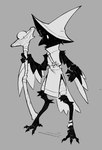 3_fingers 4_toes ambiguous_gender anthro biped black_body black_feathers clothing digitigrade feathers feet fingers hat headgear headwear magic_orb magic_user potion_bottle simple_background slim_female solo staff tail tail_feathers toes winged_arms wings wizard_hat wizard_robe wrapped_legs painedpinata avian bird corvid magpie_(corvid) oscine passerine 2024 monochrome female_(lore)