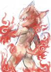 ambiguous_gender anthro butt fire frown looking_back nude rear_view simple_background solo standing white_background young young_anthro noriburu canid canine mammal digital_media_(artwork) digital_painting_(artwork) hi_res painting_(artwork)