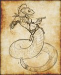 apode bottomless breasts cleavage clothed clothing female gun gun_belt handgun hat headgear headwear holster legless non-mammal_breasts ranged_weapon rattle_(anatomy) revolver scales serpentine solo weapon caribou_(artist) draconcopode naga pit_viper rattlesnake reptile scalie snake viper 2020 monochrome