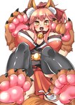 animal_humanoid asian_clothing bell bell_collar berserker_tamamo_cat big_breasts black_clothing black_legwear black_thigh_highs blush breasts brown_body brown_fur canid canid_humanoid canine canine_humanoid caster_tamamo-no-mae chaora claws clothed clothing collar cute_fangs digital_media_(artwork) east_asian_clothing fate_(series) female fox fox_humanoid fur hair hi_res huge_breasts humanoid inner_ear_fluff japanese_clothing kimono legwear light_body light_skin mammal mammal_humanoid open_mouth pawpads pink_hair red_bow red_clothing red_kimono simple_background solo thigh_highs tongue tuft type-moon white_background yellow_eyes