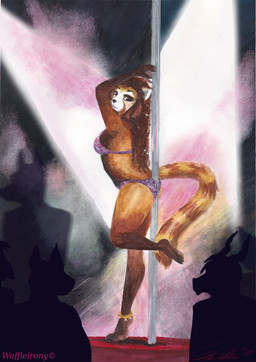 anthro clothing dancing female lingerie looking_at_viewer pole pole_dancing solo standing stripper_pole waffleirony ailurid mammal red_panda hi_res traditional_media_(artwork)