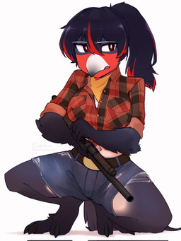 3_toes anthro avian_feet barefoot beak belt_buckle big_breasts black_hair bottomwear breasts buckle button_(fastener) claws clothing denim denim_bottomwear denim_clothing denim_shorts feathers feet female gun hair holding_gun holding_object holding_ranged_weapon holding_weapon navel non-mammal_breasts pattern_clothing pattern_topwear plaid plaid_clothing plaid_topwear ponytail ranged_weapon shell_(projectile) shorts shotgun_shell simple_background solo spread_legs spreading tail tail_feathers toe_claws toes topwear weapon dullanboi riley_(dullanboi) avian bird hi_res