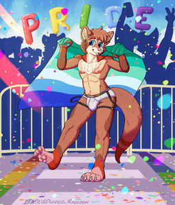 anthro brown_body brown_fur bulge chest_fur chest_tuft clothing fur hair lgbt_pride male nipples pecs pride_color_flag pride_colors rainbow_pride_colors solo tail thigh_strap tongue tongue_out tuft underwear divided-raccoon lgbt_pride_month mammal mustelid otter digital_drawing_(artwork) digital_media_(artwork) hi_res