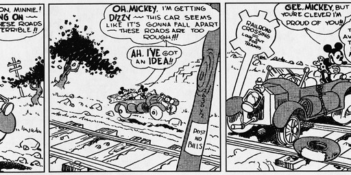 anthro car clothed clothing dialogue duo female fingers footwear gloves handwear male open_mouth outside shoes text vehicle floyd_gottfredson roy_nelson disney public_domain mickey_mouse minnie_mouse mammal mouse murid murine rodent 1930 20th_century absurd_res ancient_art black_and_white english_text hi_res long_image monochrome signature wide_image