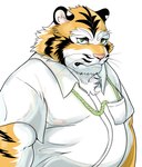 anthro belly big_belly clothing green_eyes kemono male overweight overweight_male pink_nose shirt simple_background solo topwear white_background hysk felid mammal pantherine tiger 2023 hi_res portrait