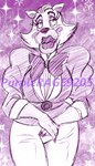 4_fingers anthro arms_bent black_eyebrows bottomwear bow_tie breasts button_(fastener) cheek_spots cheek_tuft claws closed_smile clothed clothed_anthro clothed_female clothing eyebrows eyelashes facial_tuft female female_anthro finger_claws fingers front_view fully_clothed fully_clothed_anthro fully_clothed_female fur hair hands_together lips looking_at_viewer mouth_closed pants purple_background purple_bow_tie purple_claws purple_clothing purple_lips purple_suit short_hair simple_background slicked_back_hair smile smiling_at_viewer solo sparkles suit text thick_lips tuft white_body white_bottomwear white_clothing white_fur white_hair white_pants cageyshick05_(artist) five_nights_at_freddy's five_nights_at_freddy's_2 scottgames mama_mangle mangle_(fnaf) canid canine fox mammal 2015 artist_name english_description monochrome pen_(artwork) portrait purple_and_white three-quarter_portrait traditional_media_(artwork)