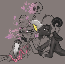 2_horns 4_fingers age_difference alternate_species alternate_universe ancient_greece anthro anthro_on_anthro arm_wraps back_wings biped blush burping clothed clothed_anthro clothed_female clothing corruption curled_horn dress drinking_horn drunk duo eyebrows eyelashes facial_hair feathered_wings feathers featureless_chest female female_anthro fingers flat_chested flower flower_necklace food freckled_face freckles fruit fur goatee grape hair half-closed_eyes halo hooves horn laurel_wreath leaning leaning_sideways lying male male/female male_anthro narrowed_eyes older_male on_front open_mouth pink_eyes plant question_mark short_hair sitting snout substance_intoxication thought_bubble underage_drinking unguligrade wings wool_(fur) wraps soulcentinel hellaverse helluva_boss collin_(helluva_boss) keenie_(helluva_boss) angel bovid caprine goat mammal satyr sheep 2025 restricted_palette story story_in_description
