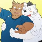 anthro belly blush brown_body brown_fur clothing duo fur hug hugging_another hugging_from_behind humanoid_hands kemono male overweight overweight_male shirt simple_background tongue tongue_out topwear white_body white_fur n_gata21 canid canine canis domestic_dog mammal 1:1 2016