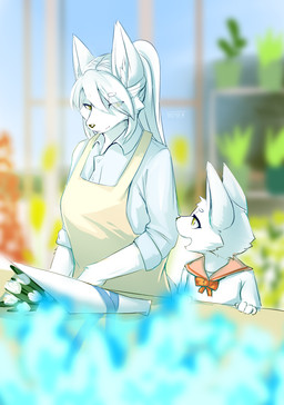 anthro apron asian_clothing bouquet bow_ribbon clothed clothing duo east_asian_clothing female flower fur garden hair happy japanese_clothing japanese_school_uniform light looking_at_another male plant ponytail school_uniform serafuku sunlight uniform white_body white_fur yellow_eyes treyer canid canine fox mammal 2022 absurd_res digital_drawing_(artwork) digital_media_(artwork) hi_res japanese_description mother_(lore) mother_and_child_(lore) mother_and_son_(lore) parent_(lore) parent_and_child_(lore) parent_and_son_(lore) son_(lore)