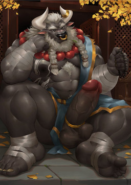 2_horns abs accessory anthro balls beard big_penis body_hair chest_hair cock_ring erection facial_hair facial_piercing feet genitals glans hair horn jewelry male muscular muscular_anthro muscular_male nipples nose_piercing nose_ring penis penis_accessory penis_jewelry piercing ring_piercing septum_piercing septum_ring solo toes vein veiny_penis white_hair saury_(artist) blizzard_entertainment warcraft harb_freton bovid bovine cattle mammal tauren hi_res